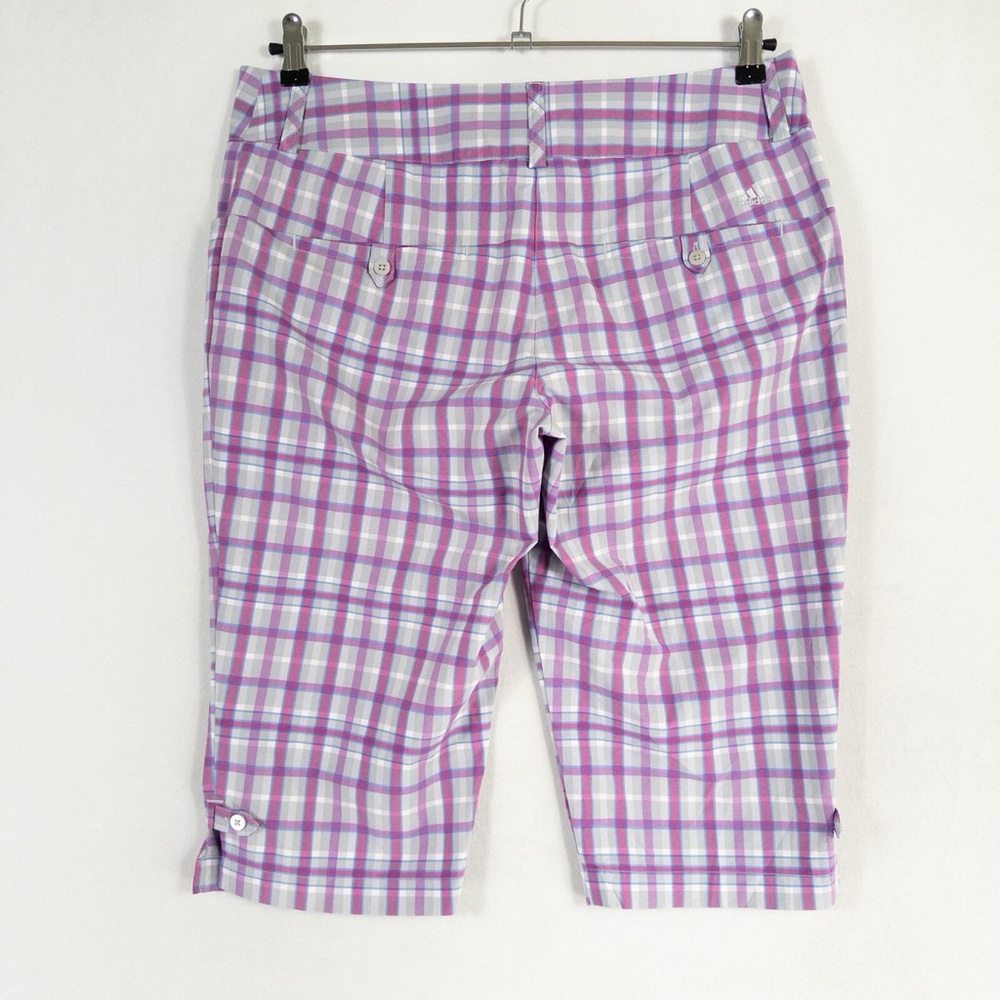 ADIDAS Size 12~Shorts Womens Purple Pink Gray Plaid Pedal Pushers Climalite Golf